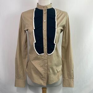 Moschino Tan Black and White Front High Neck Blouse